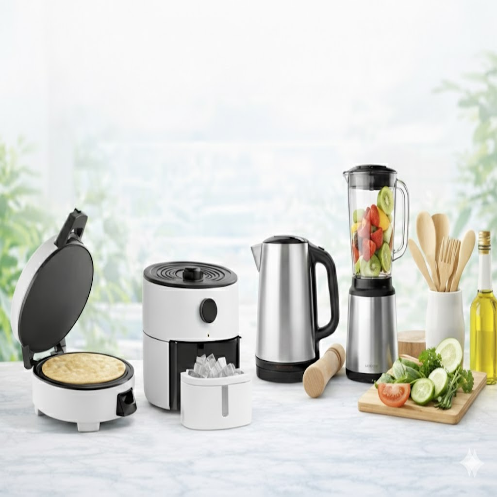 Kitchen appliances and tools by Noorbynl including ice maker, blender, electric kettle, and cooking essentials for modern homes